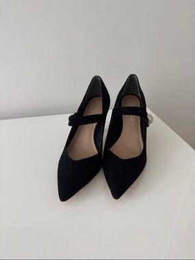 Stuart Weitzman Black Suede Pointed Mary Jane Pumps with Crystal Button
